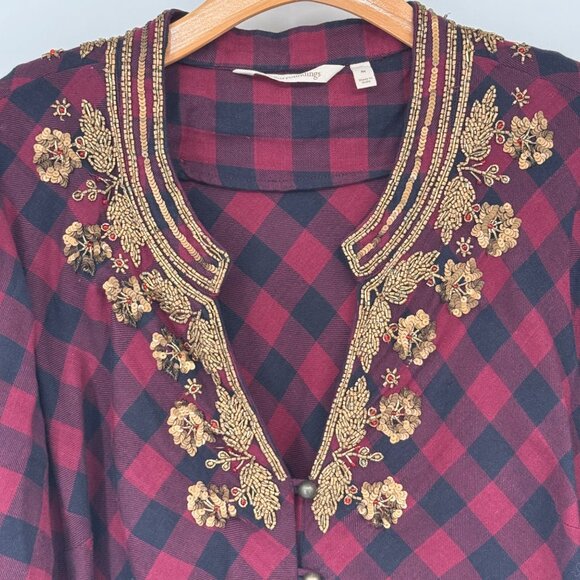 Soft Surroundings Plaid Tunic Top Gold beaded Long Sleeves Cotton red Sz Medium - Picture 6 of 13